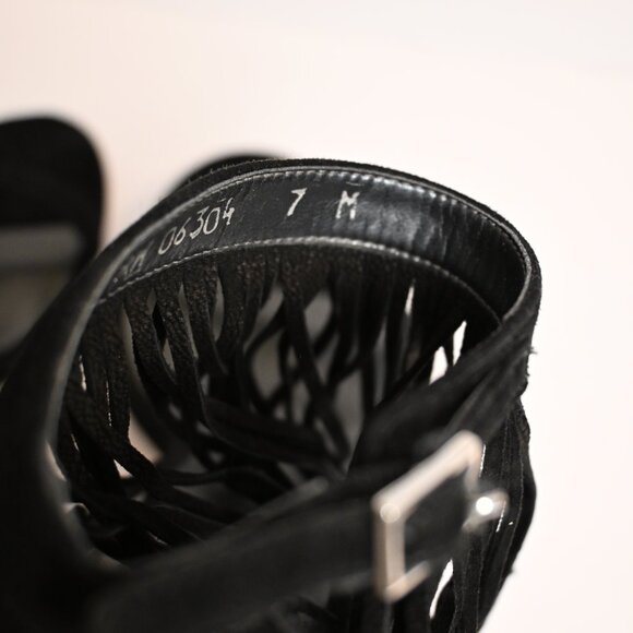 Stuart Weitzman Black Suede Nudist Heeled Sandals with Fringe - Picture 4 of 6